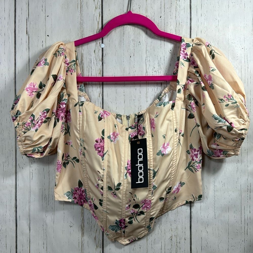 Boohoo Tall Floral Corset Top Off Shoulder Puff Sleeve Milkmaid Boho Size 8